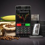 Mobile phone with commodities. Stock exchange market trading platform on the screen of smartphone .